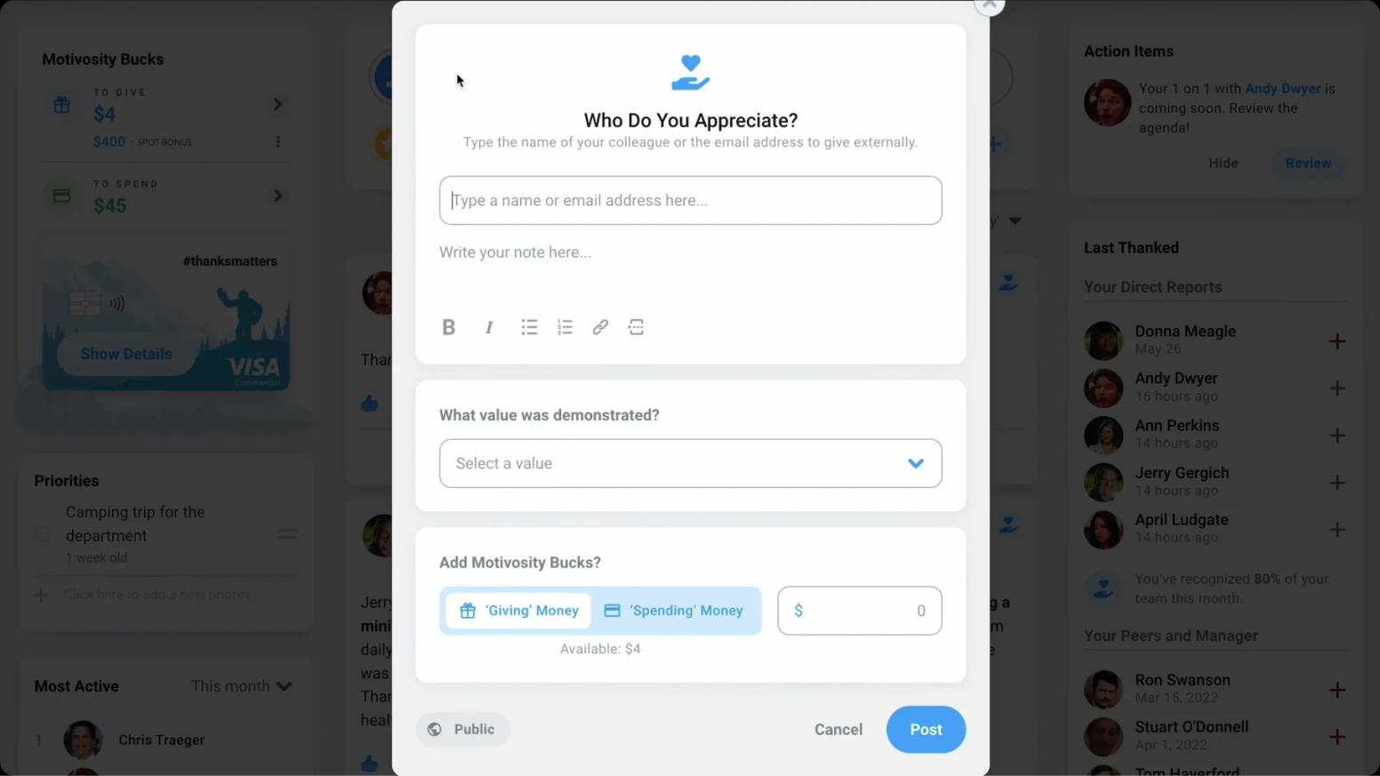 Awardco vs. Motivosity: Motivosity recognition feed