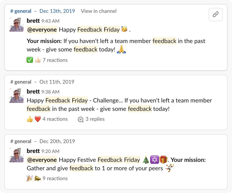 A Slack notification is sent out to kick off Feedback Fridays. (Photo Credit: Matter)