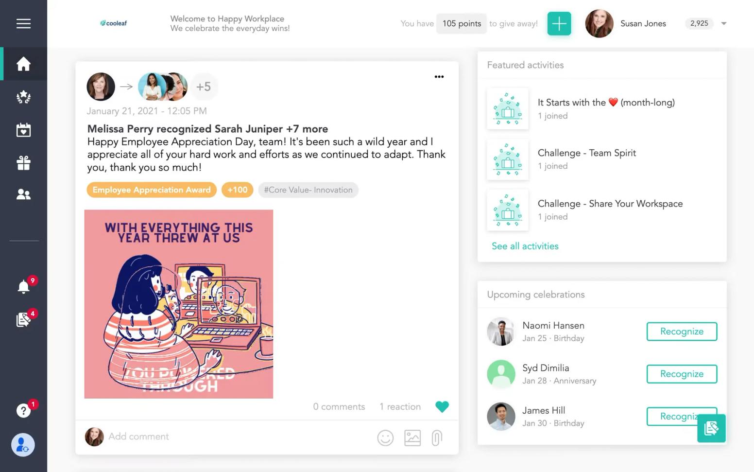 Cooleaf web app home feed with a peer recognition post, points and core value tags, featured challenges, and upcoming birthdays and anniversaries