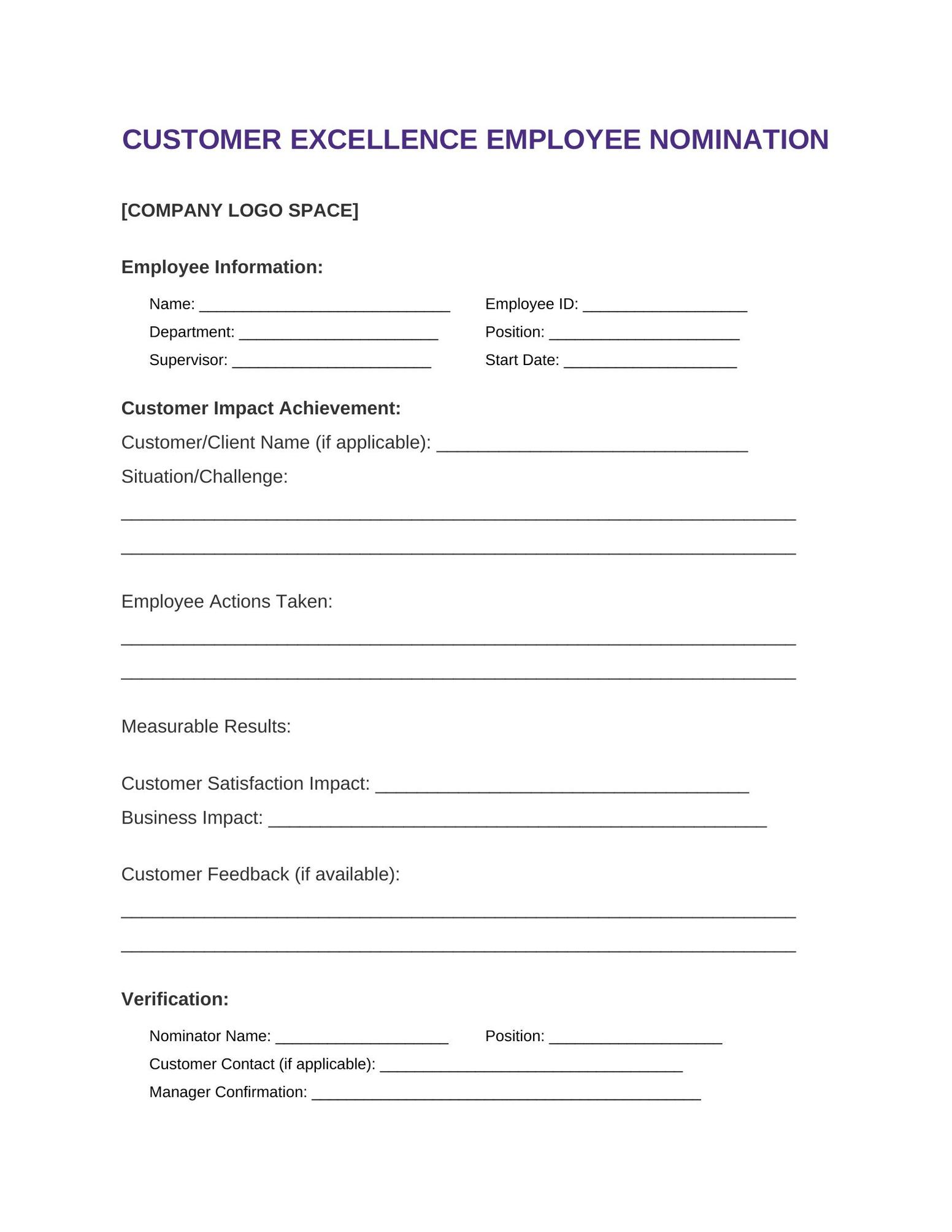 Template 8: Customer Impact Recognition Form