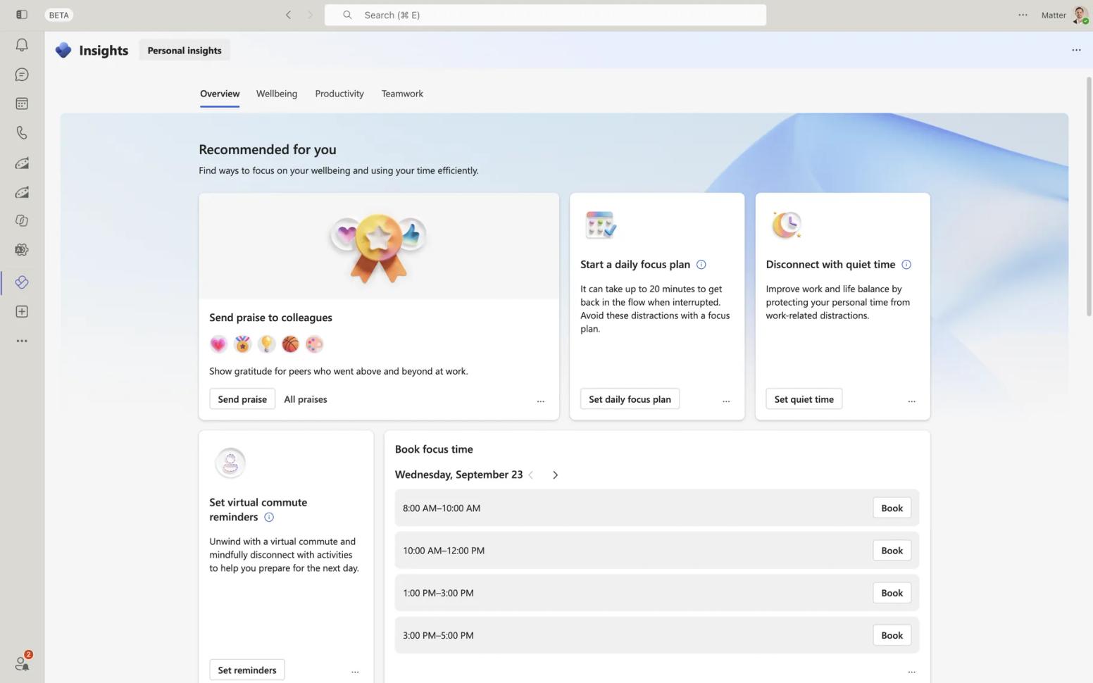 Viva Insights personal insights in Microsoft Teams with Send praise, daily focus plan, quiet time, and focus time booking cards