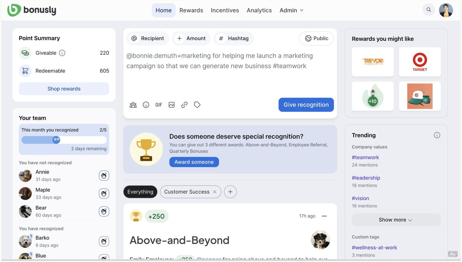 Software for Employee Recognition Cards: Bonusly