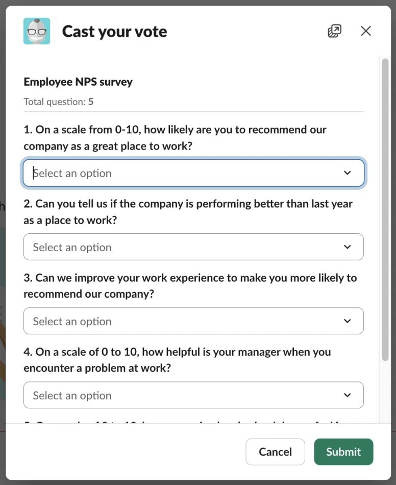 Geekbot employee NPS survey modal in Slack with 0 to 10 rating questions and a Submit button