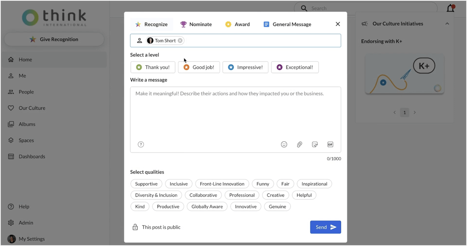 Kudos employee recognition platform showing the recognition wall and rewards