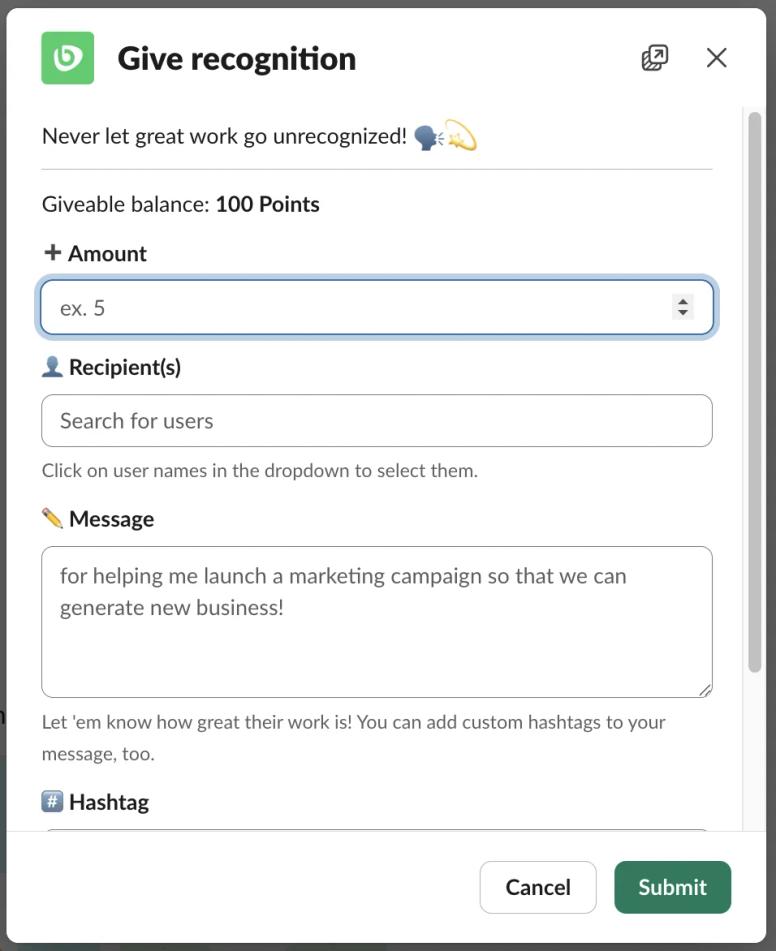 Bonusly Give recognition modal in Slack with points amount, recipients, message, and hashtag fields
