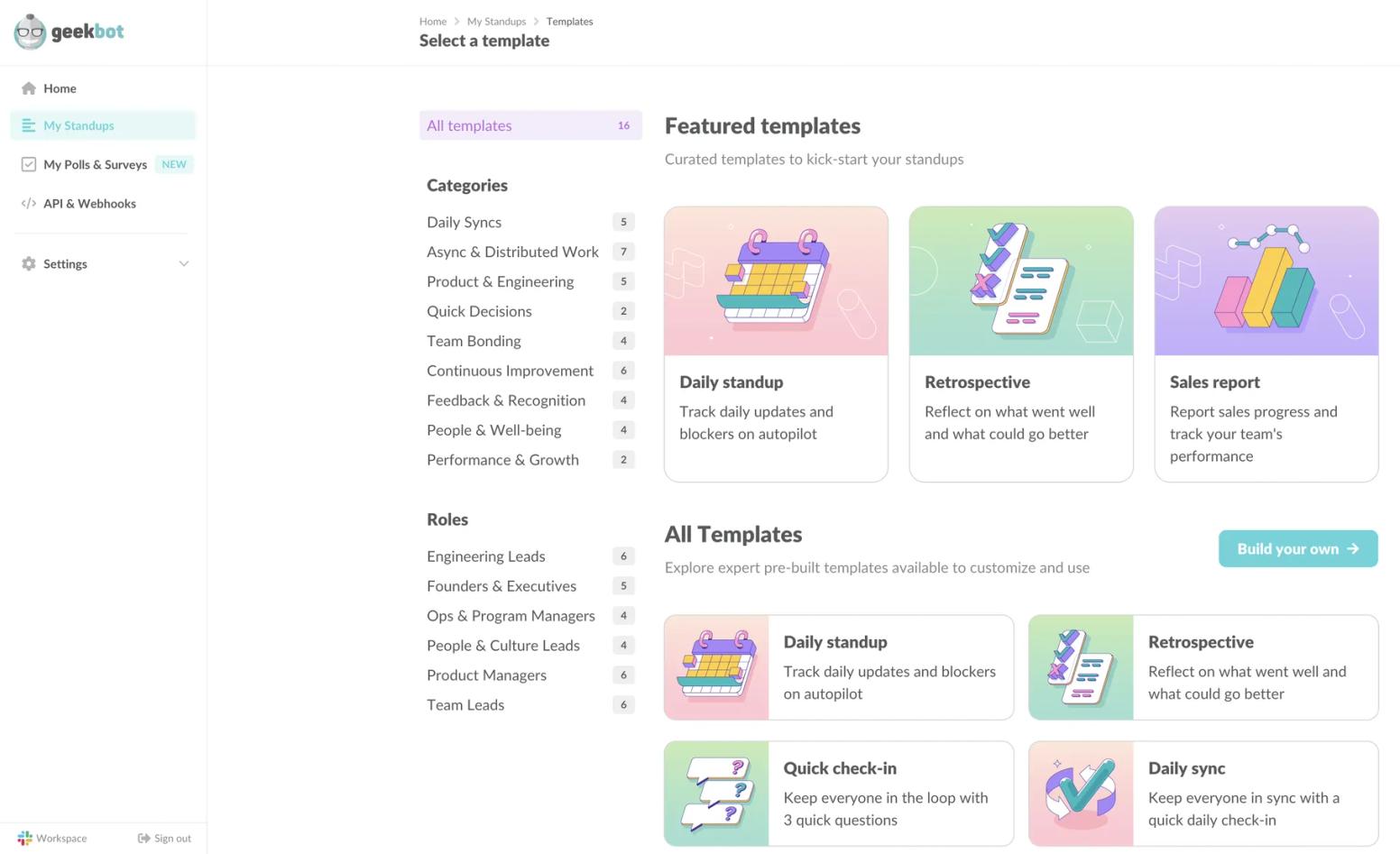 Geekbot standup templates including daily standup, retrospective, quick check-in, and daily sync