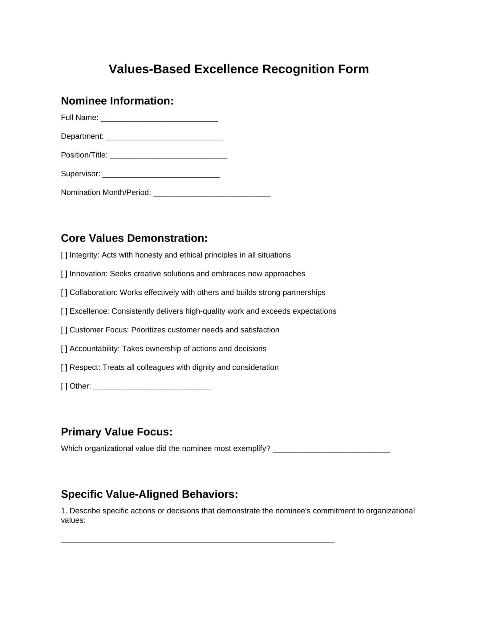 Template 4: Values-Driven Employee Nomination Form