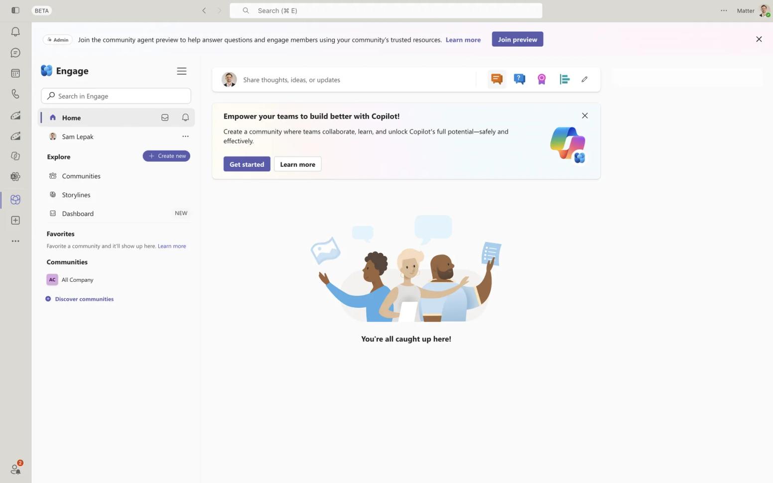 Viva Engage home feed in Microsoft Teams with communities, storylines, and a post composer