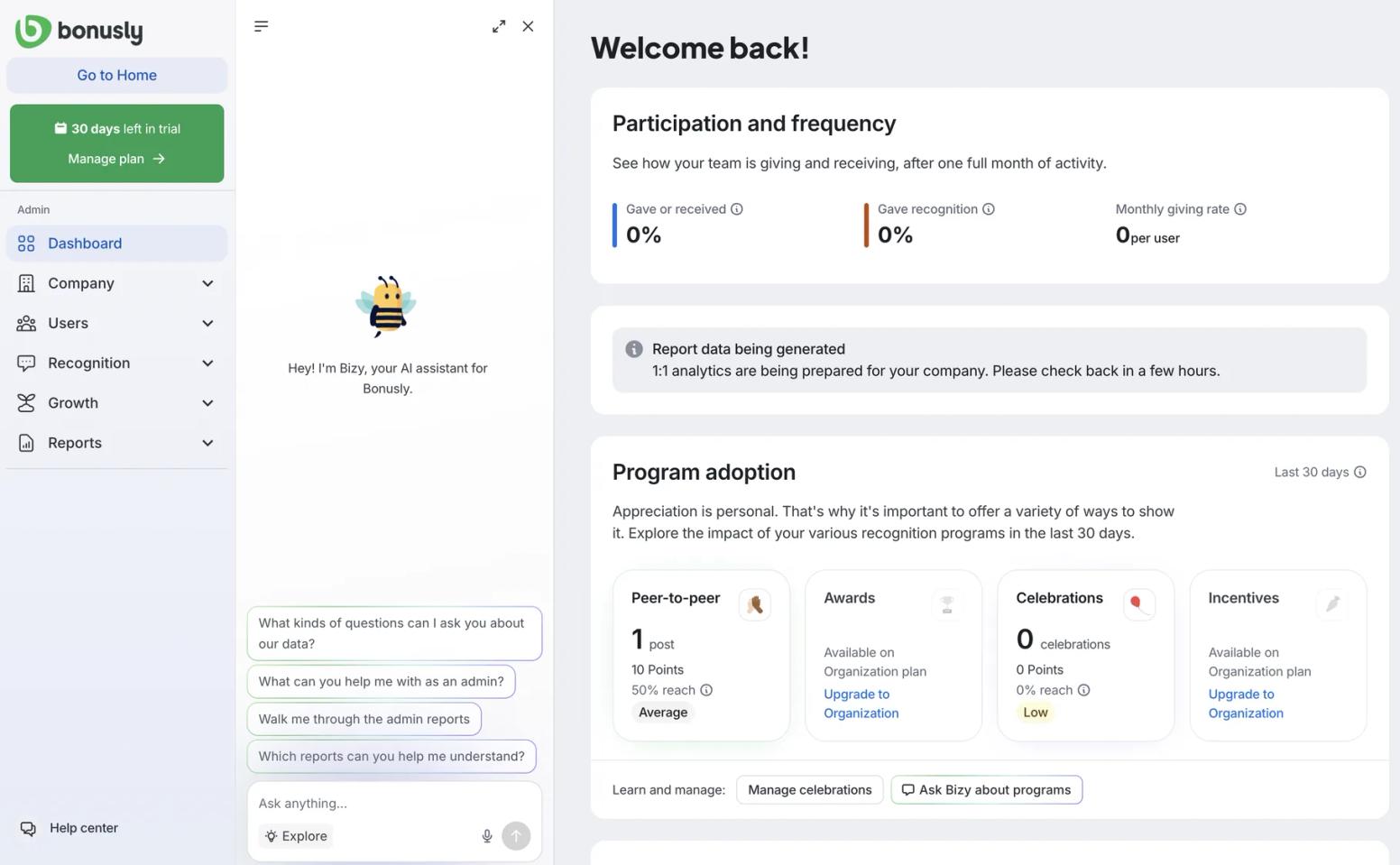 Bonusly admin dashboard with participation and frequency, program adoption, and the Bizy AI assistant