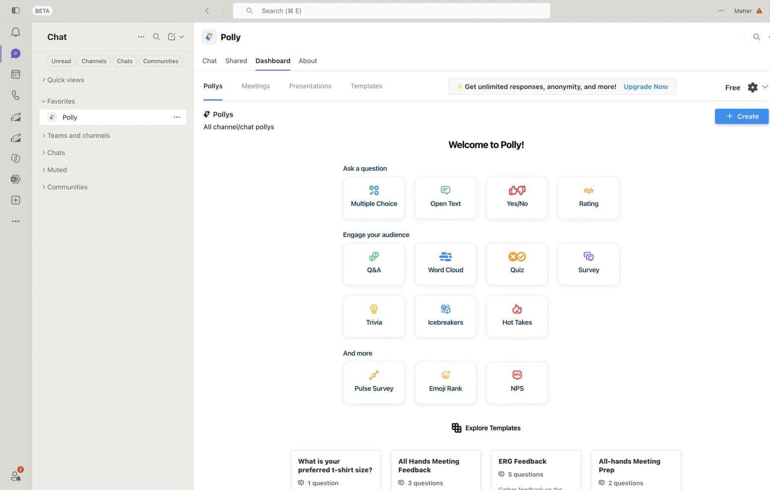 Polly dashboard in Microsoft Teams with poll types including multiple choice, Q&A, word cloud, quiz, pulse survey, and NPS