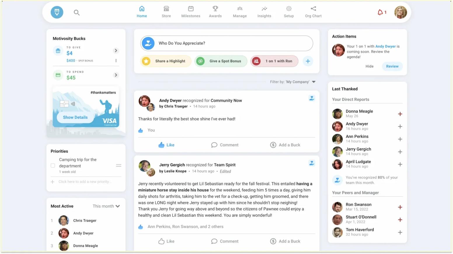 Motivosity home with a Who Do You Appreciate prompt, a Motivosity Bucks balance and a recognition feed