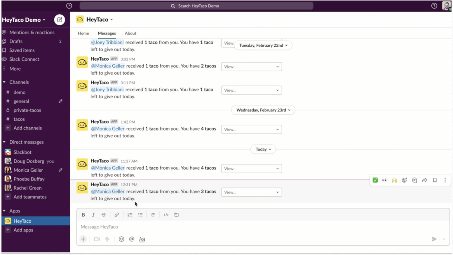 HeyTaco peer recognition showing tacos given in a chat channel with a leaderboard