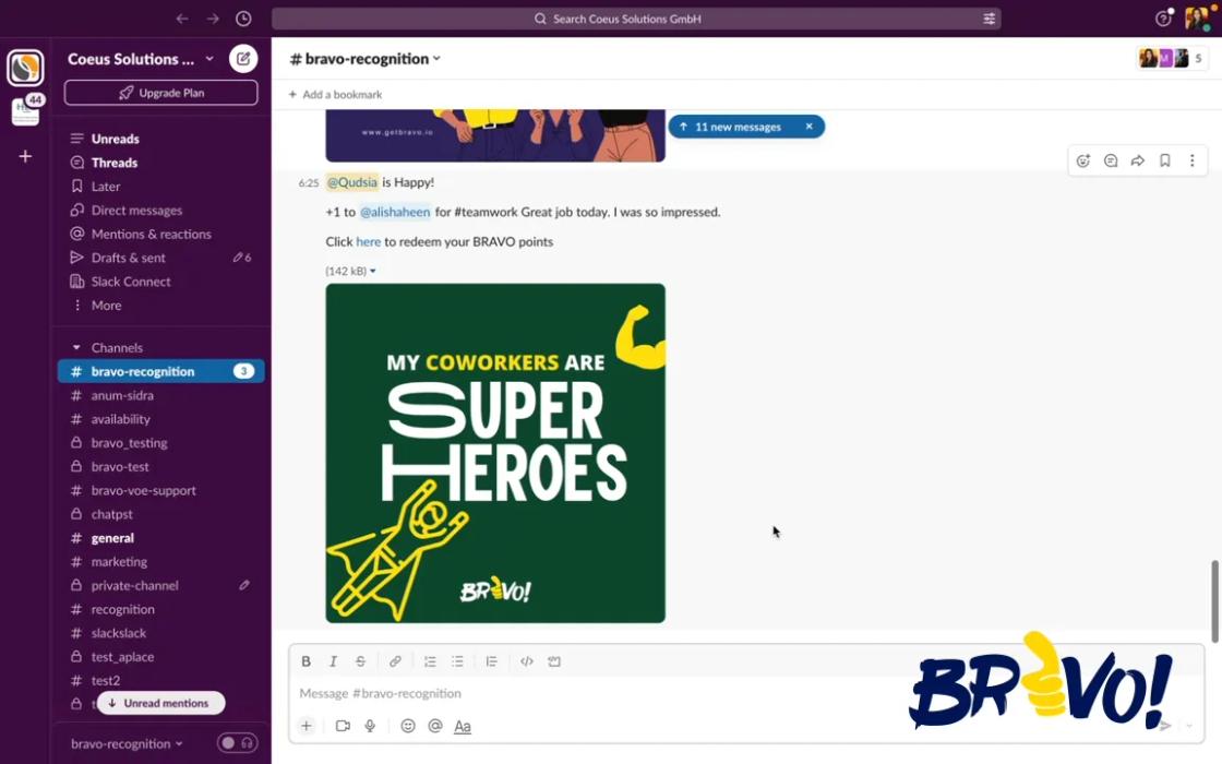 BRAVO Recognition example in Slack channel with superheroes, #teamwork praise, and BRAVO points