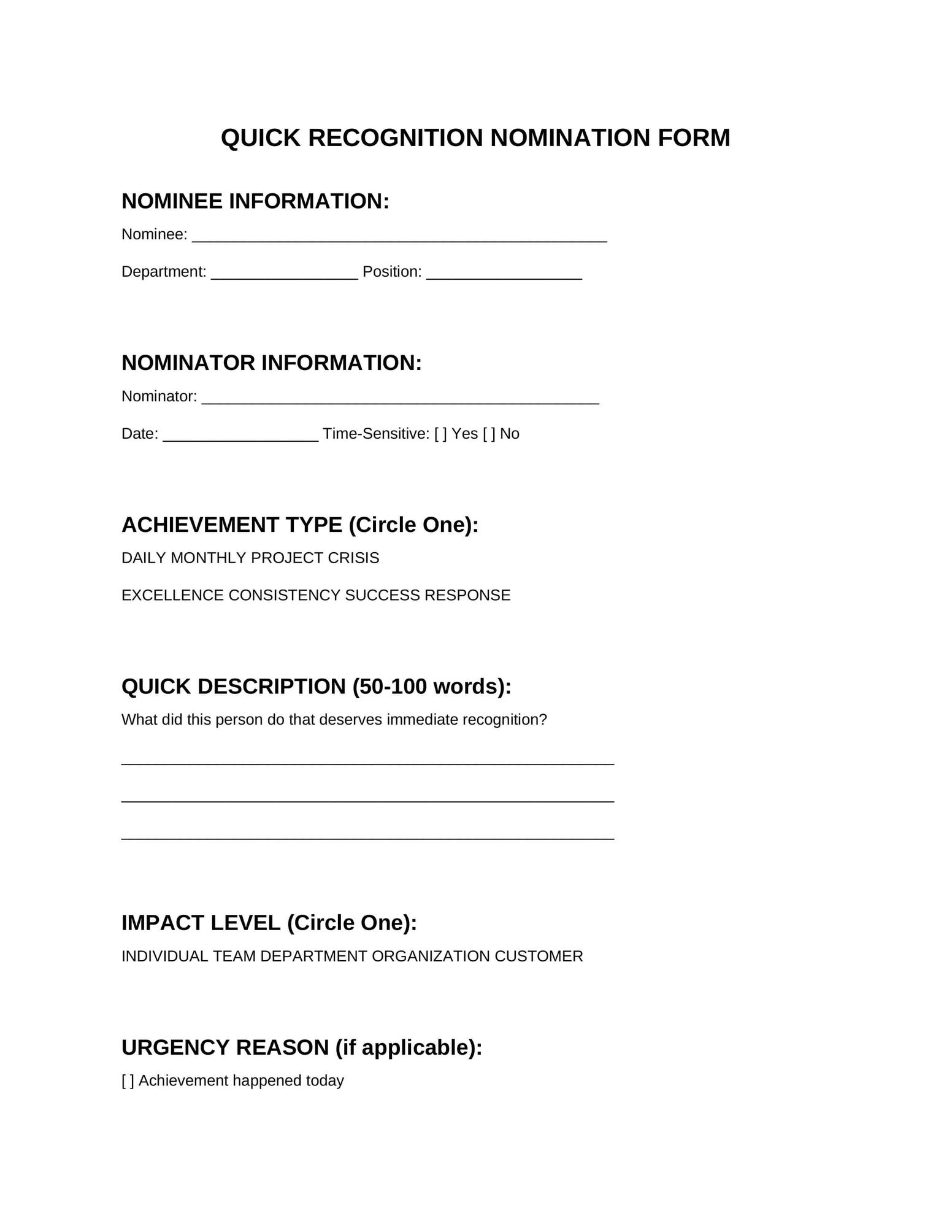 Form 2: Quick Recognition Form