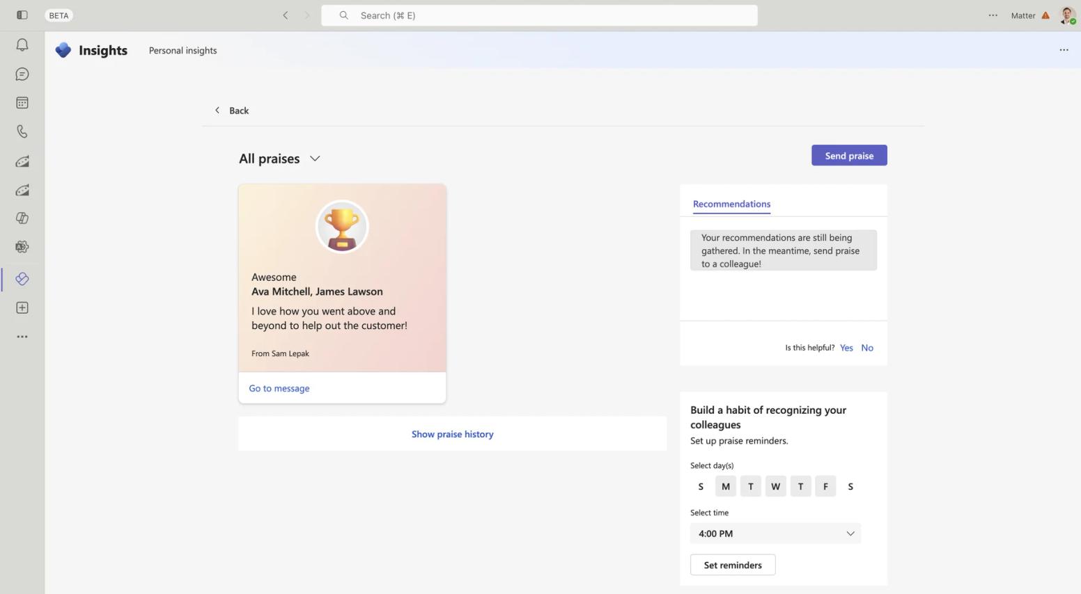 Viva Insights All praises view in Teams with a received praise card, praise history link, and praise reminder settings