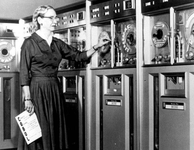 Computer pioneer Grace Hopper working on the first computer language.