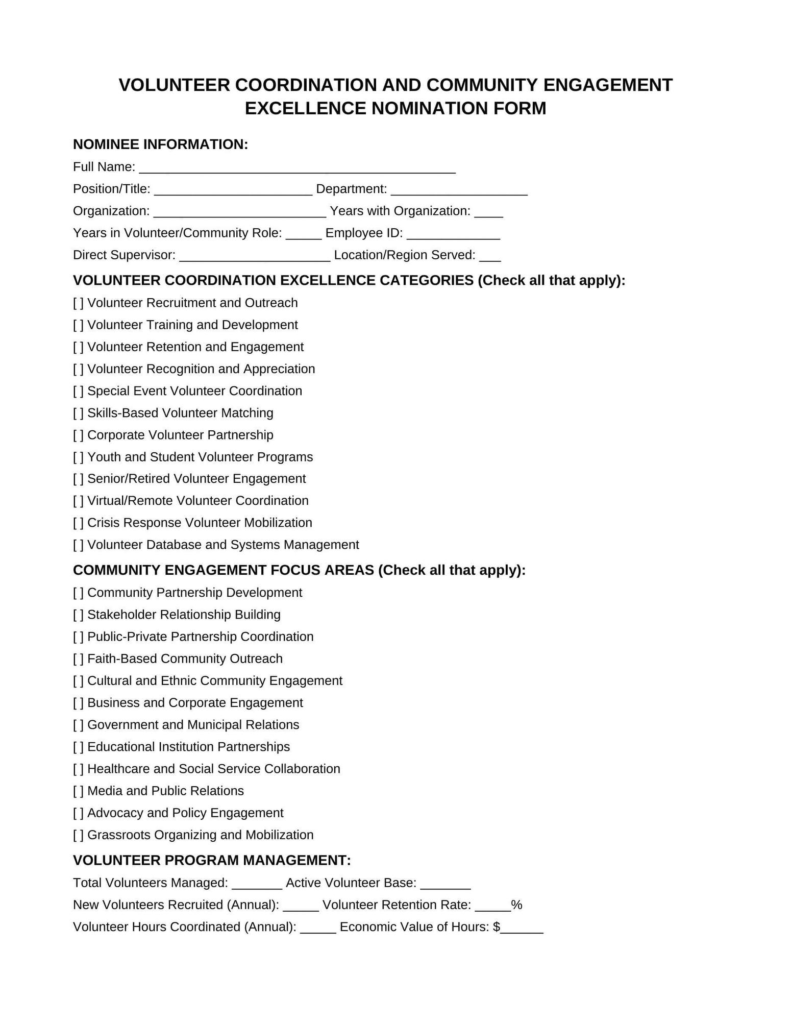 Non-Profit Form 4: Volunteer Coordination and Community Engagement