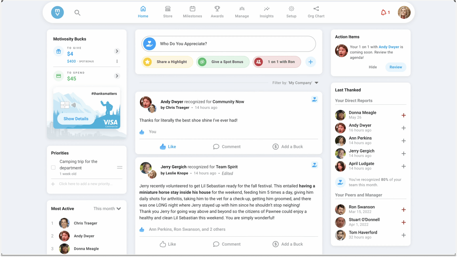 Motivosity recognition platform showing peer appreciation posts and the ThanksMatters card