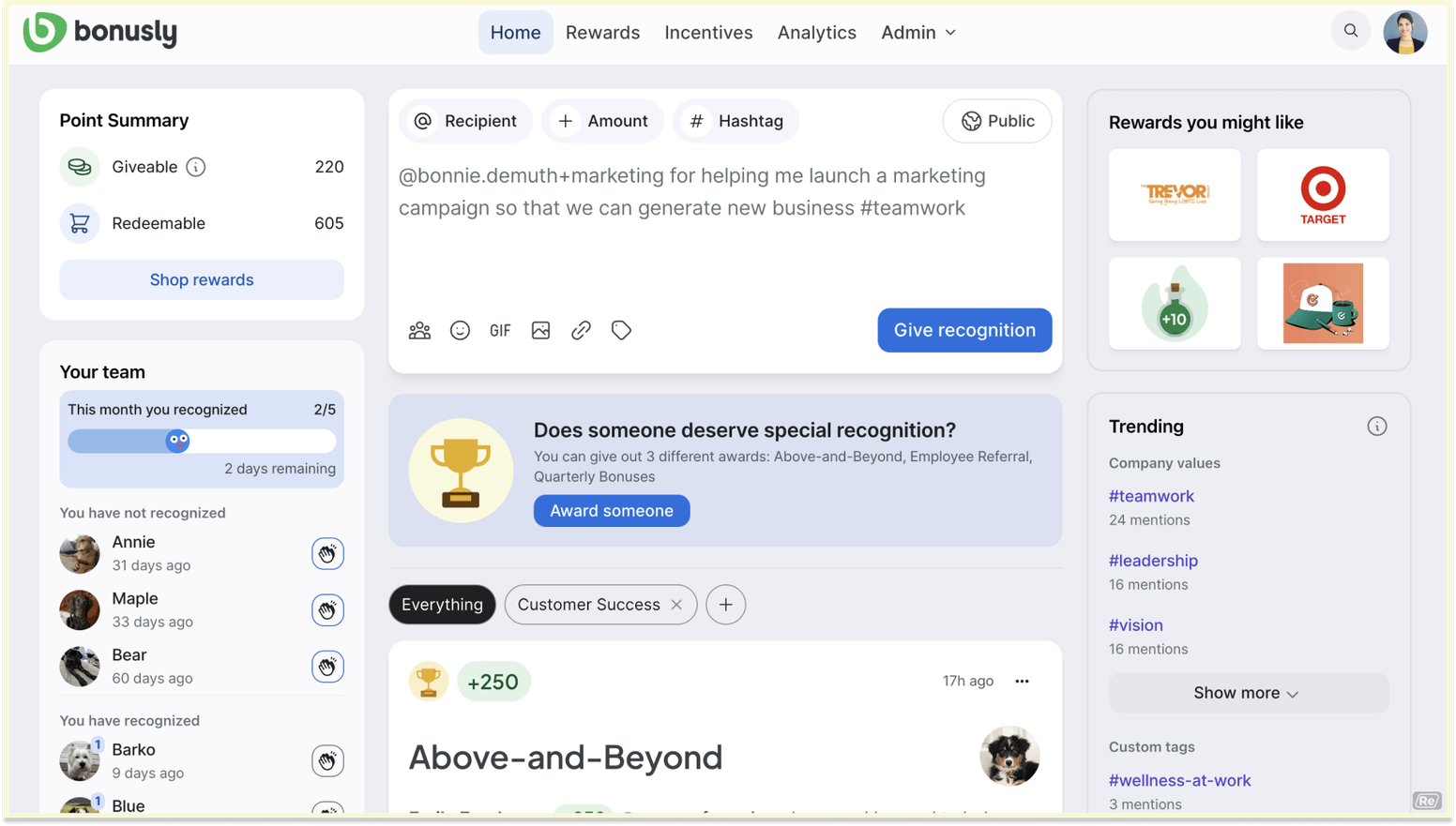 Bonusly vs. Achievers: the Bonusly platform