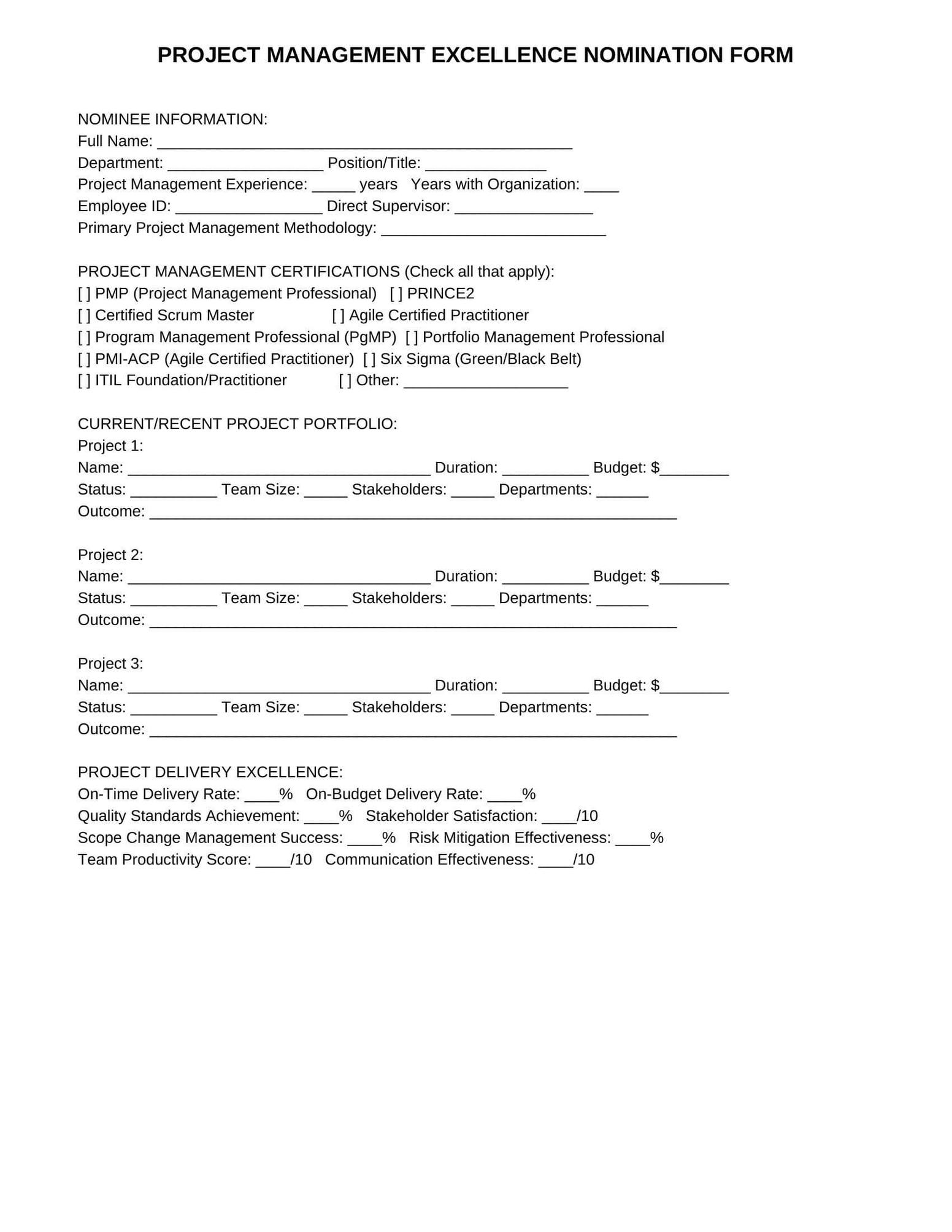 Corporate Form 5: Project Management Excellence
