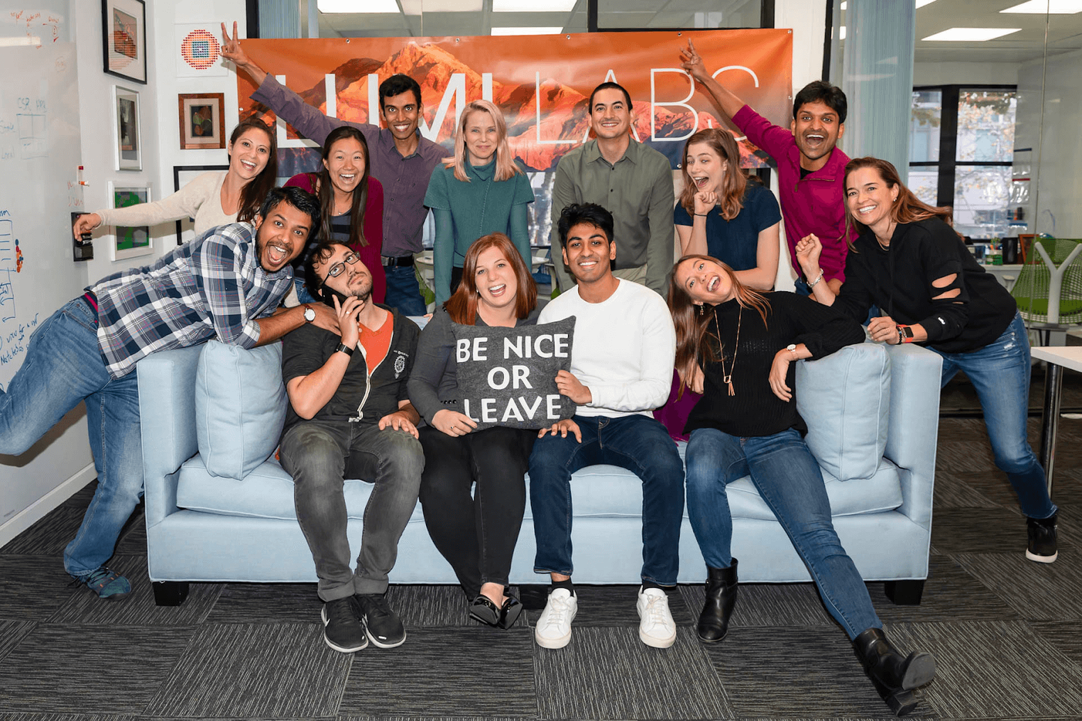 Marissa Mayer, self-professed introvert leader, with her latest team at LumiLabs. (Photo: LumiLabs)