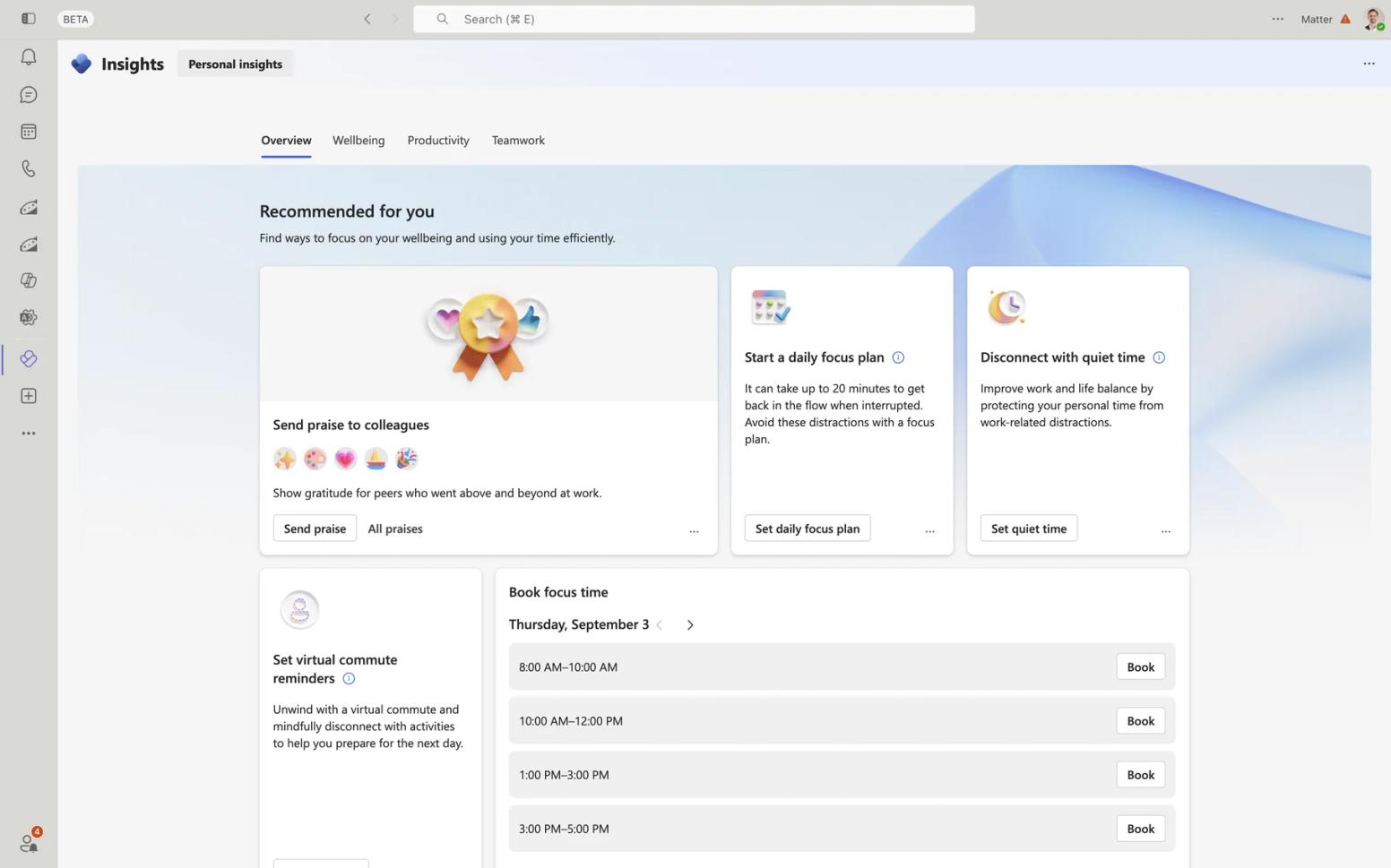 Viva Insights personal insights home in Teams showing the Send praise to colleagues card beside focus and quiet time features