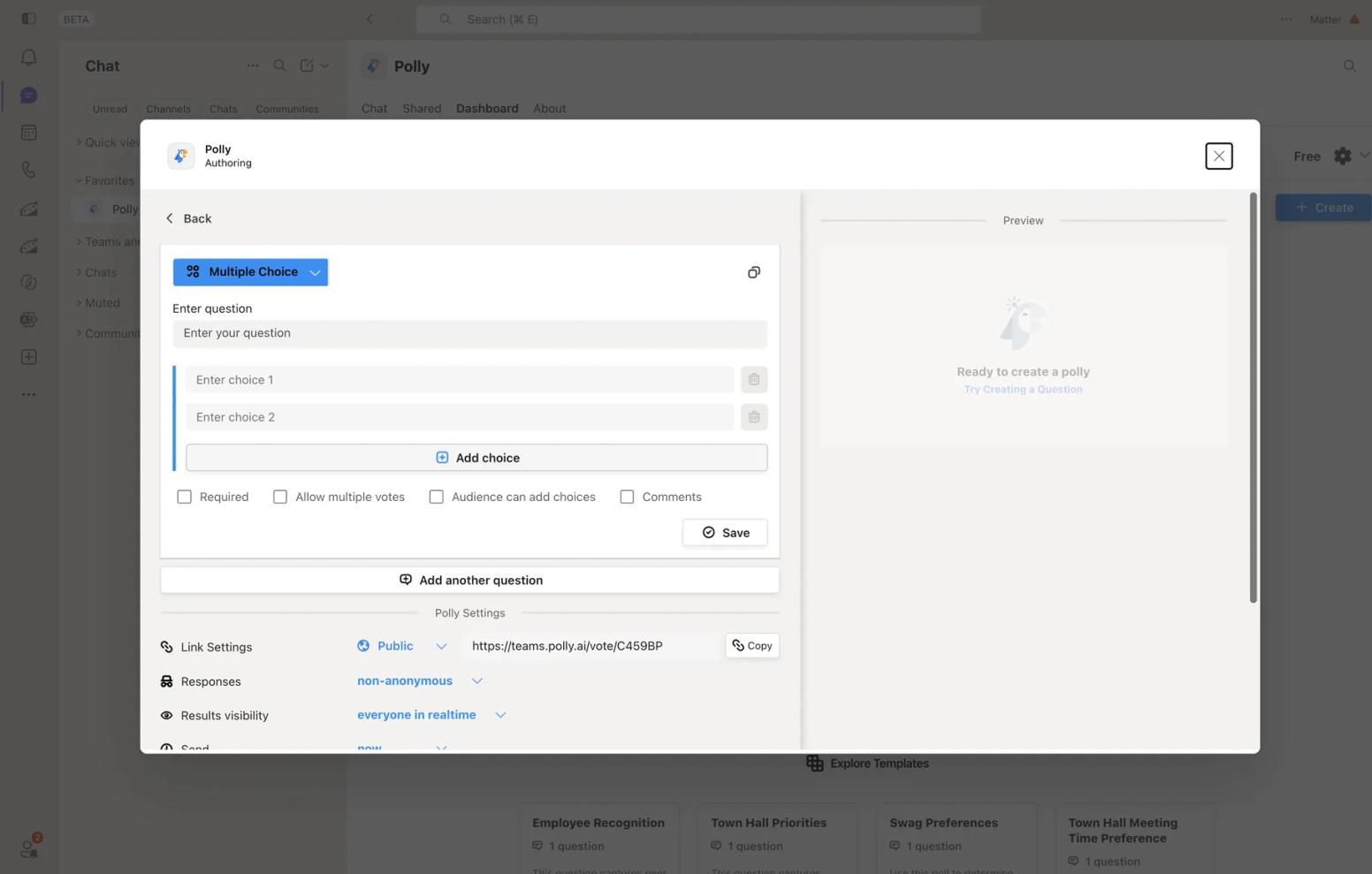 Polly authoring panel in Microsoft Teams with question, choices, anonymity, and results visibility settings
