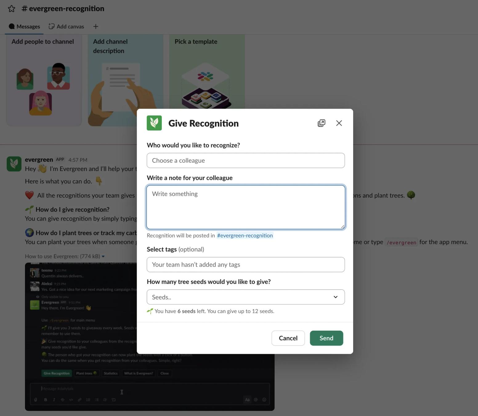 Evergreen Give Recognition modal in Slack with colleague picker, note field, tags, and tree seeds