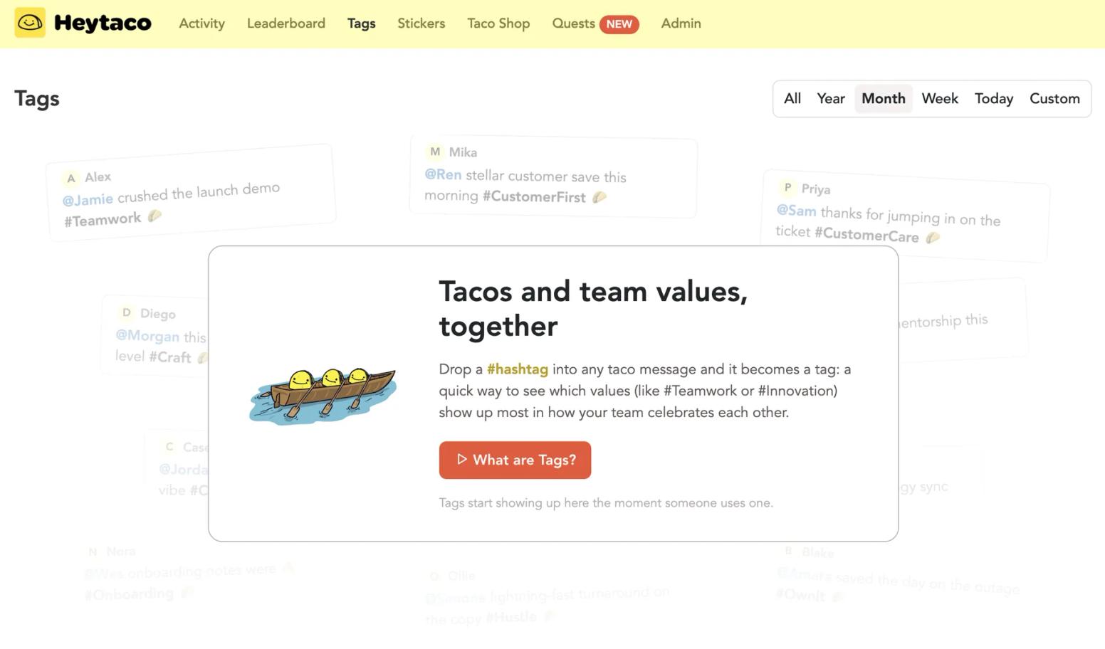 HeyTaco Tags view that tracks team values used as hashtags in taco messages