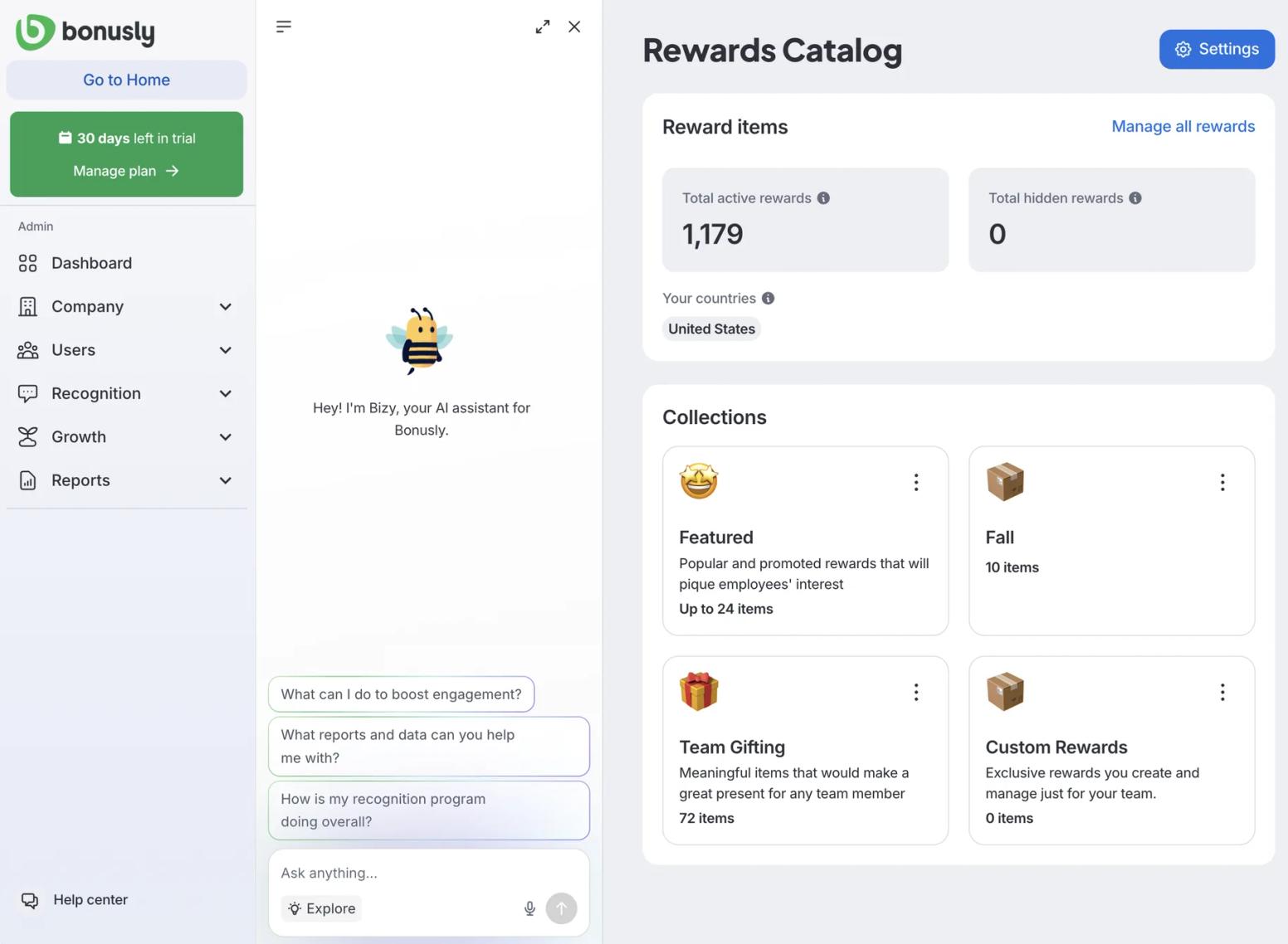 Bonusly Rewards Catalog with 1,179 active rewards and Featured, Team Gifting, and Custom Rewards collections