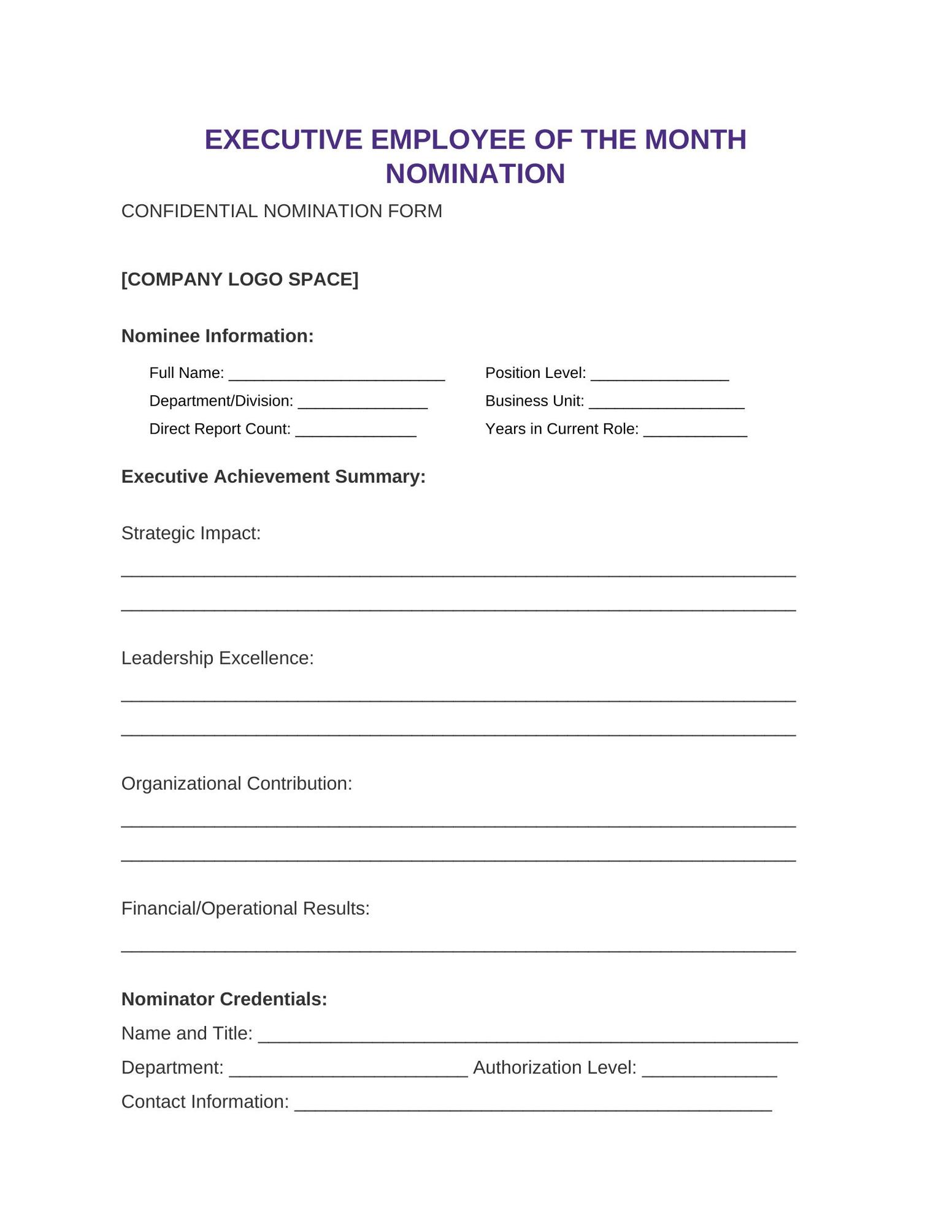 Template 7: Executive Recognition Form
