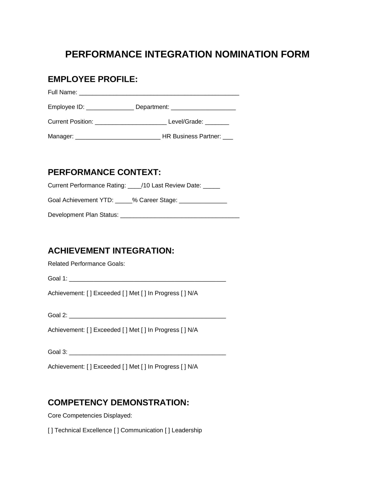 Form 4: Performance Integration Template