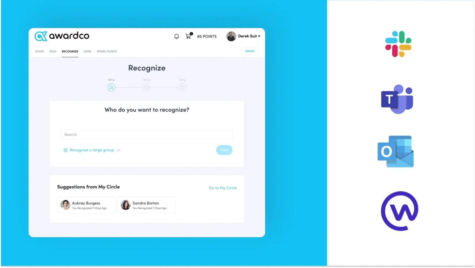 Awardco Recognize flow asking who to recognize, with Slack, Teams and Outlook integrations alongside