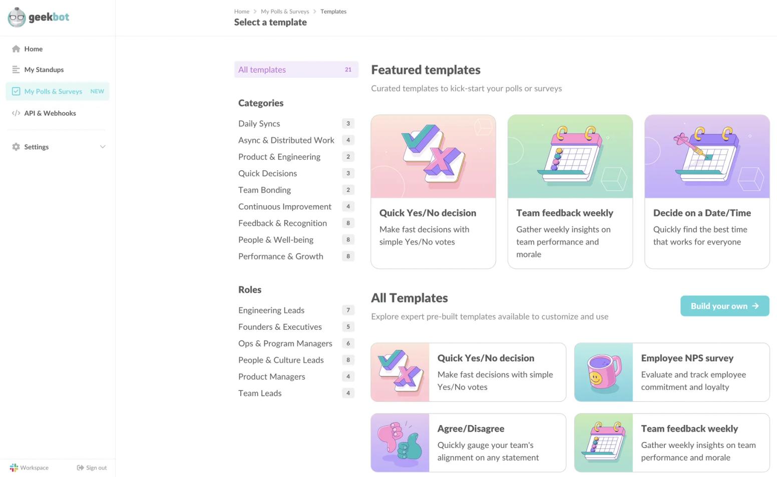 Geekbot poll and survey templates including Employee NPS survey, team feedback weekly, and quick yes or no decisions