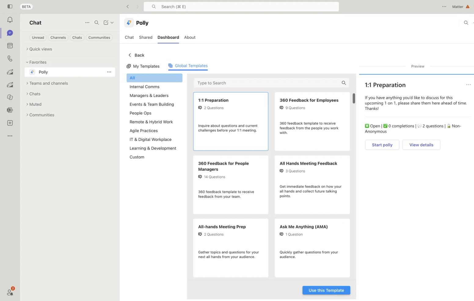 Polly global survey templates in Microsoft Teams, including 1:1 preparation and 360 feedback