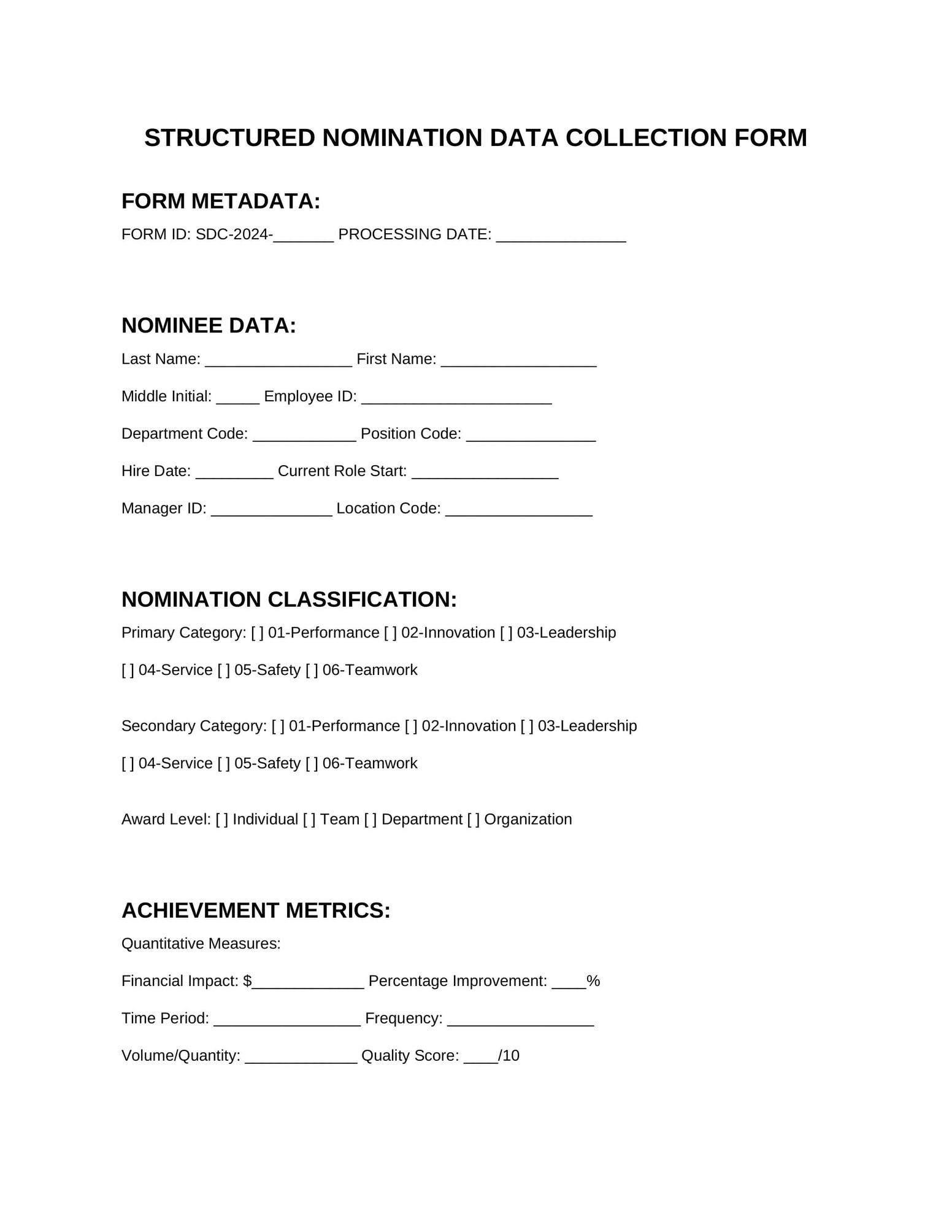 Form 3: Structured Data Collection Template