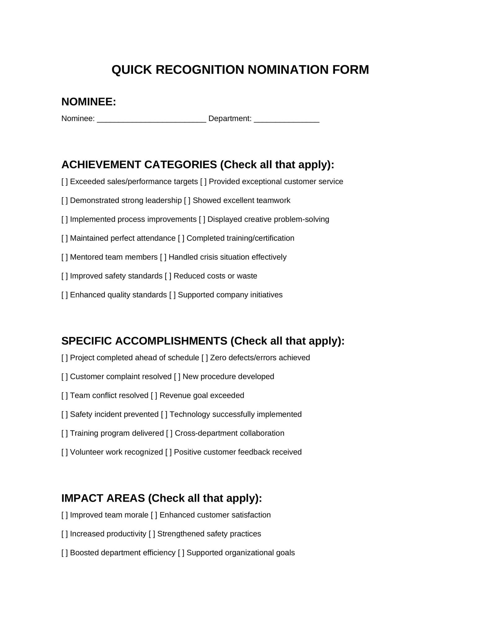Format 3: Checkbox-Style Quick Form