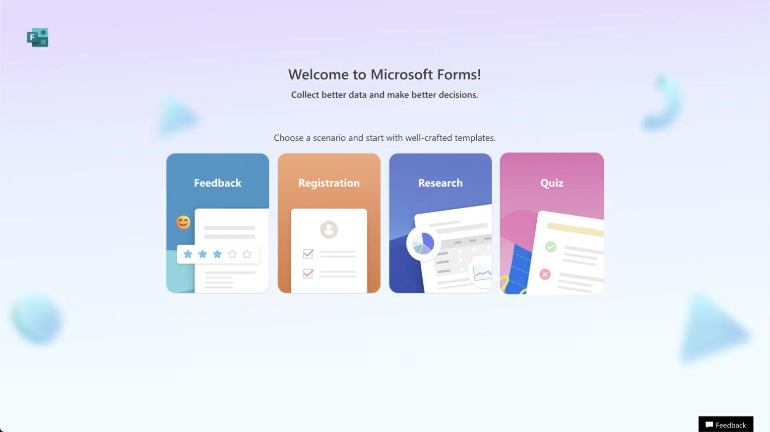 Microsoft Forms web app welcome screen with Feedback, Registration, Research, and Quiz template starters