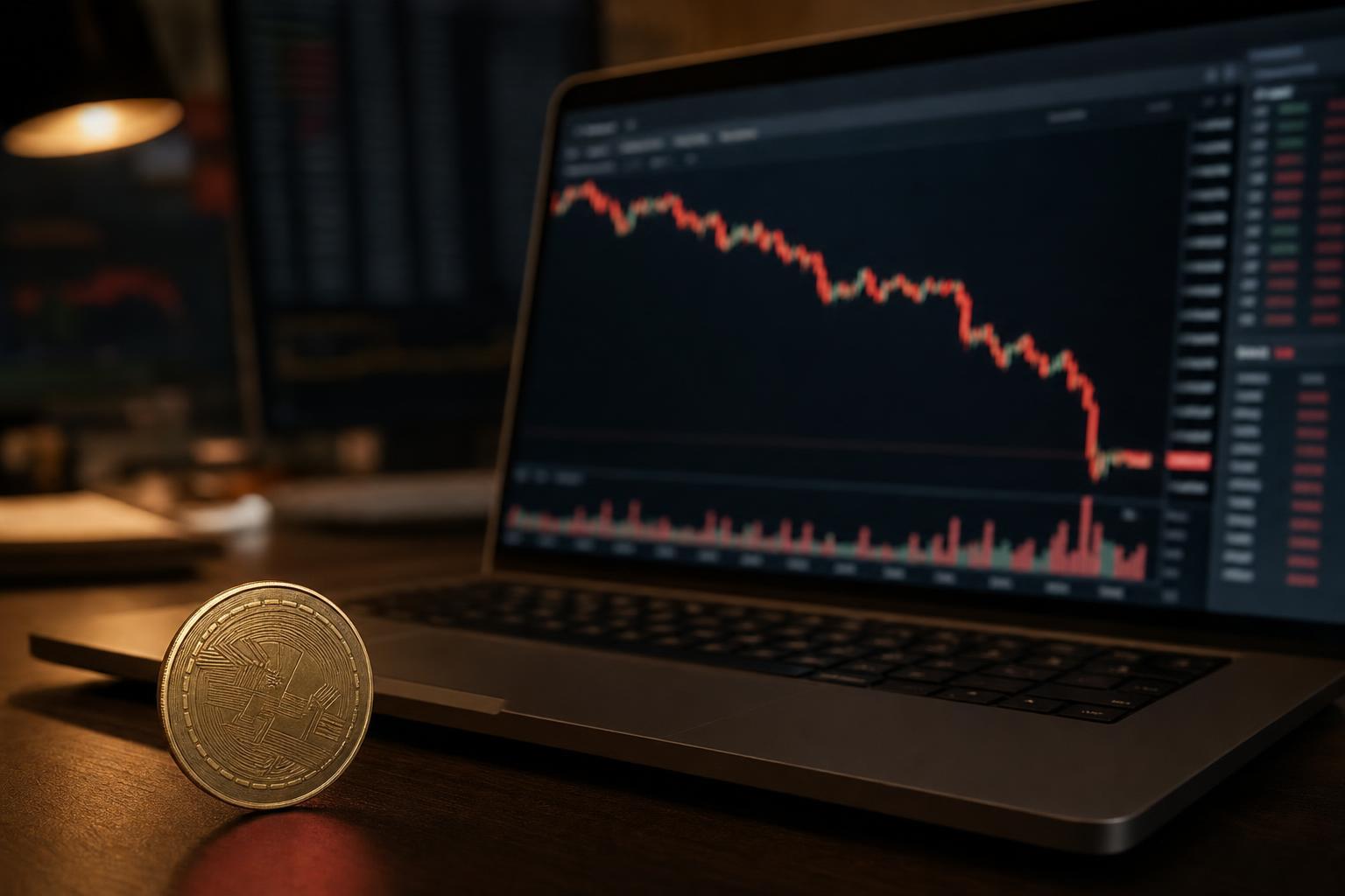 Generic cryptocurrency coin beside a laptop showing a declining market chart