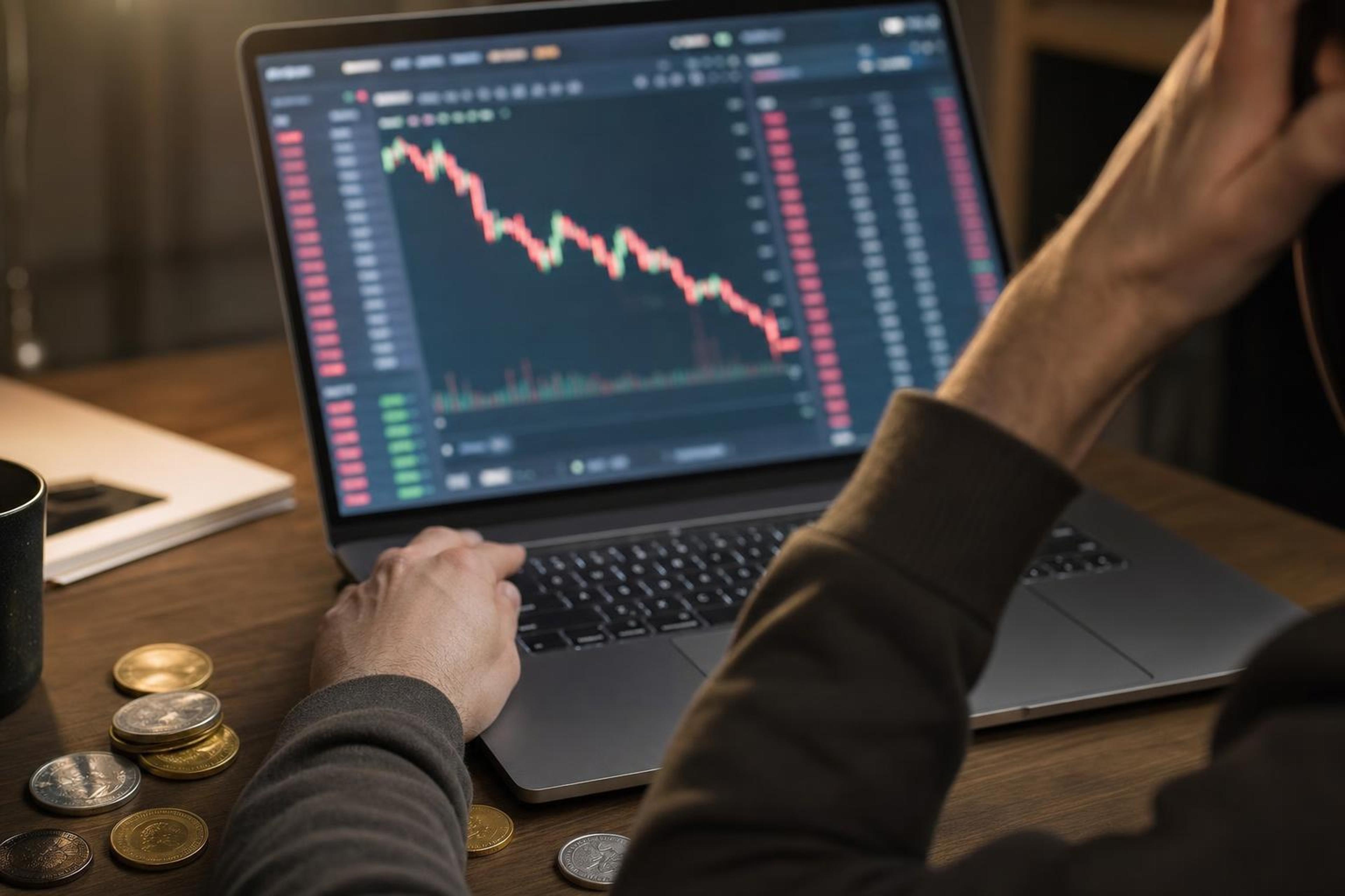 Trader watching a sharp Bitcoin price decline on a generic market chart