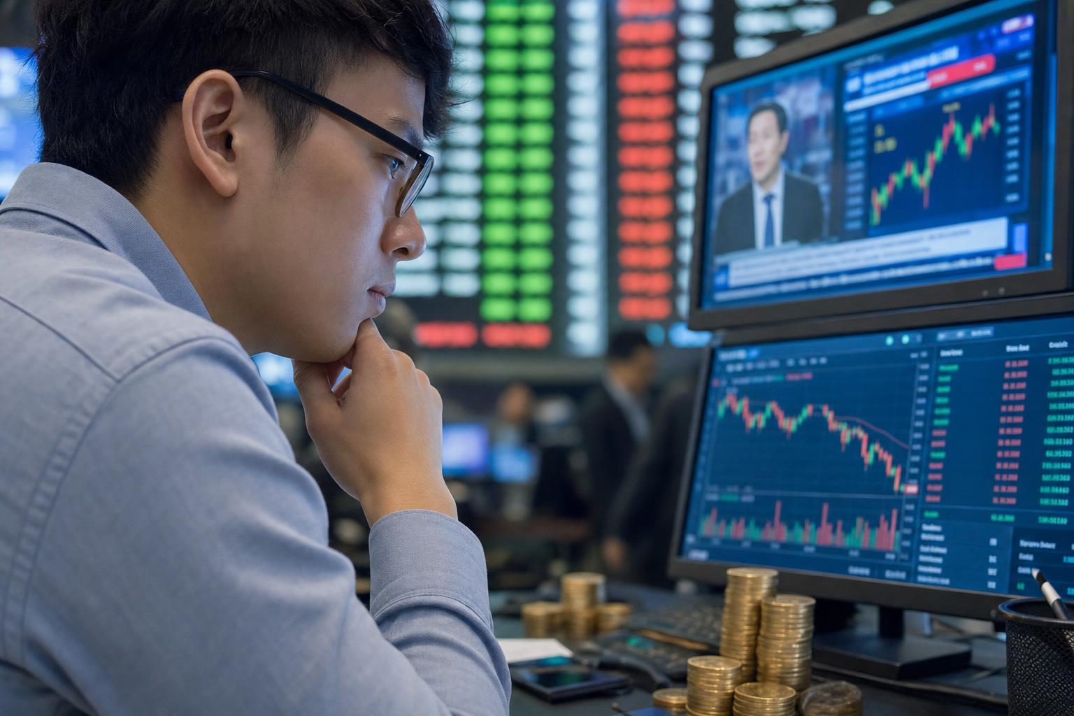Trader monitoring cryptocurrency and Asian stock-market indicators