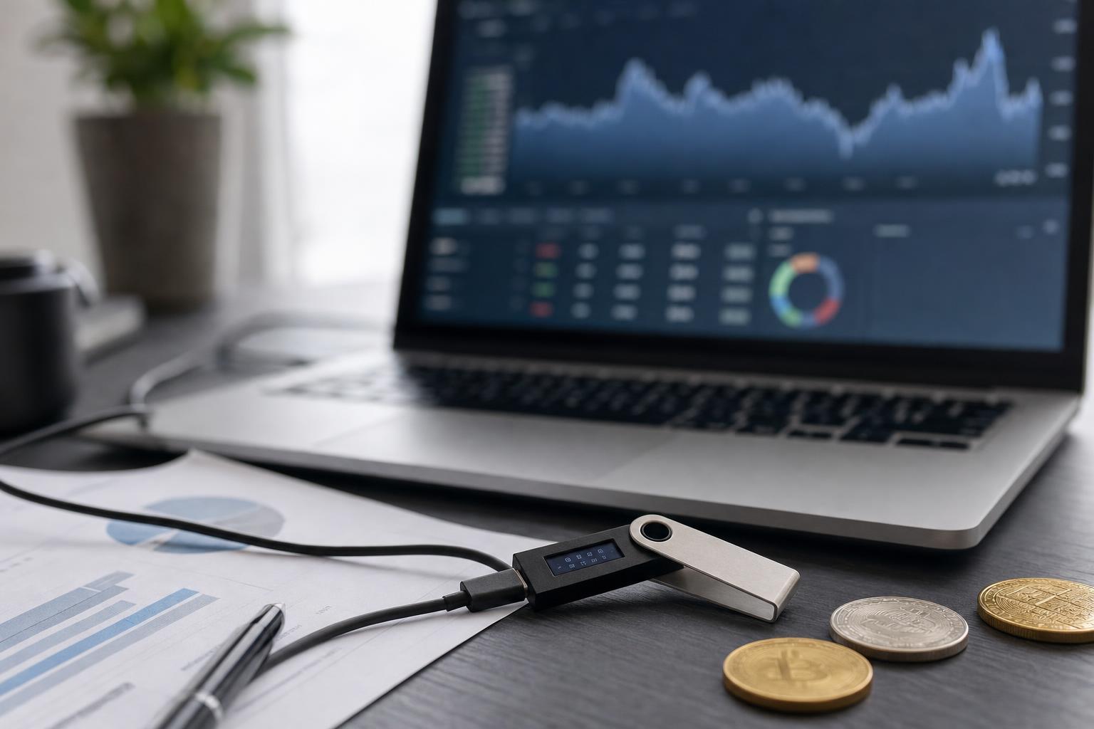 A hardware wallet and laptop representing bitcoin-backed borrowing and income strategies