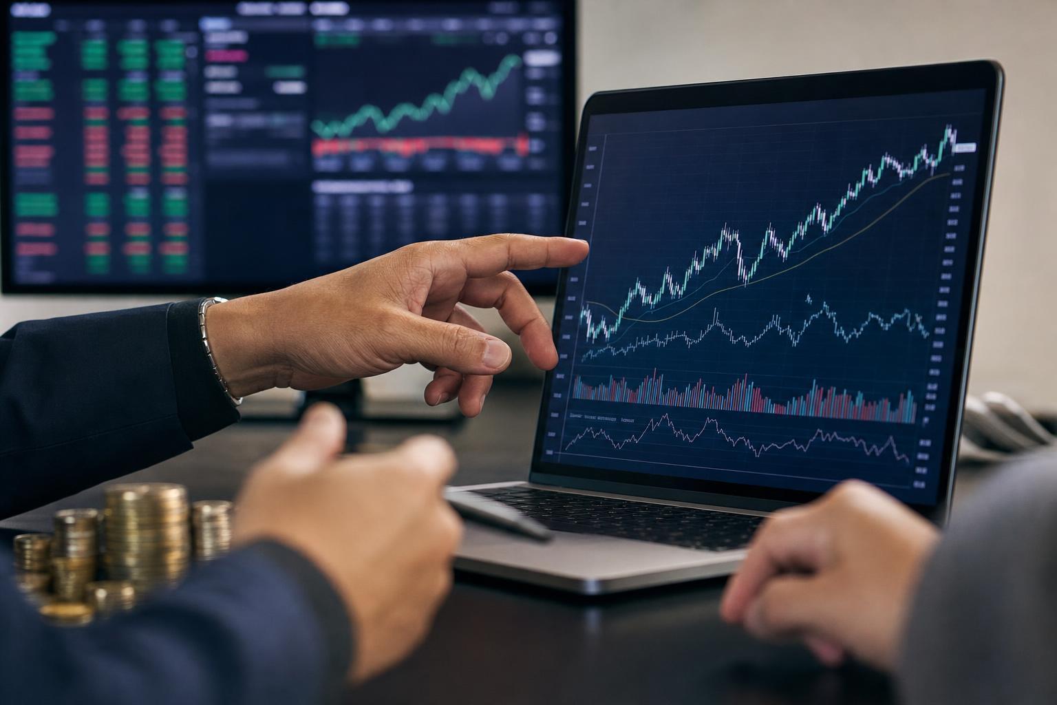 Trading screens show a broad market rebound as Bitcoin and technology assets move higher.
