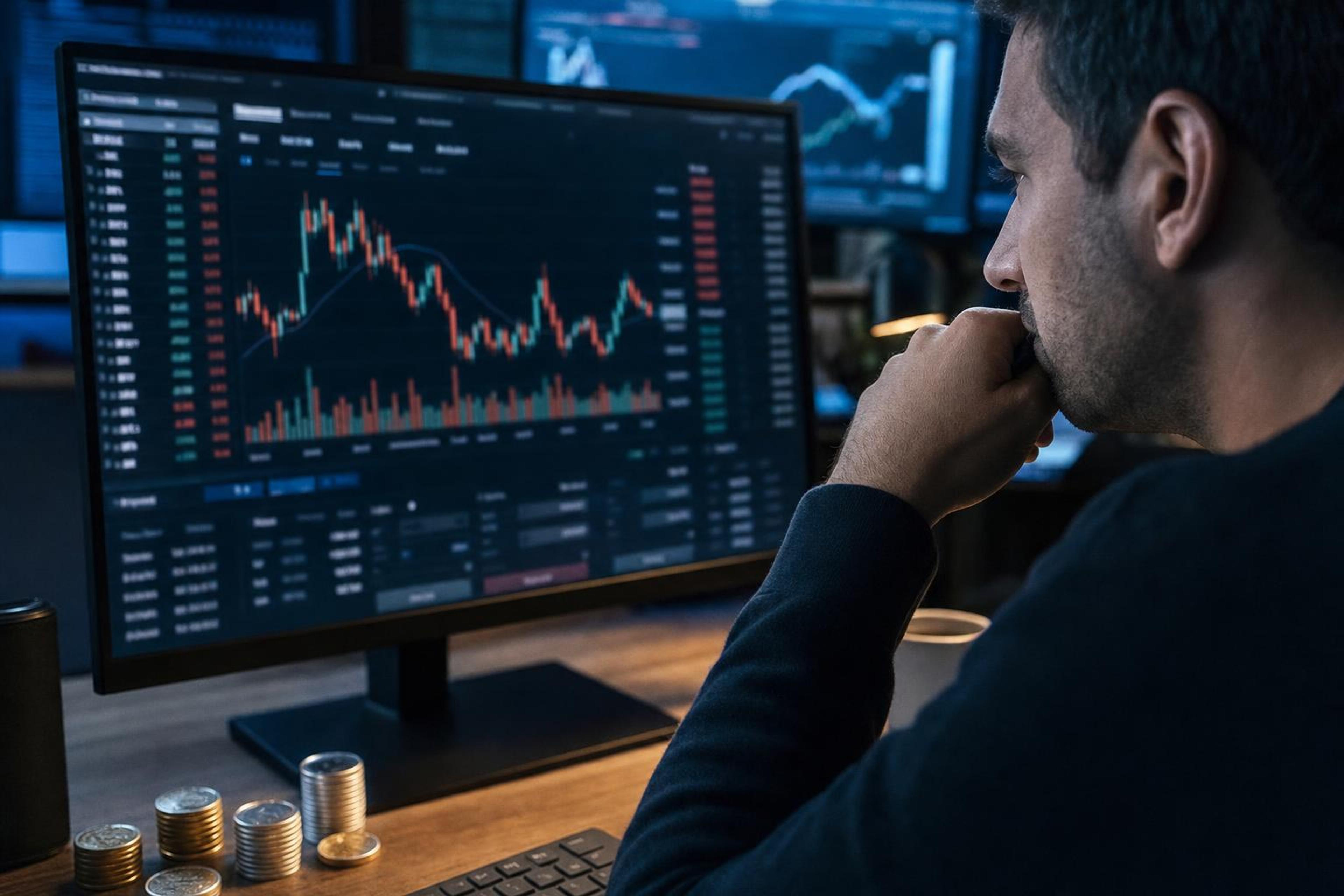 Trader monitoring bitcoin and technology-market charts