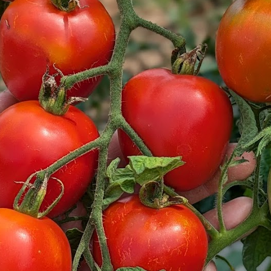 rajče Siberian - středně velké kulaté červené plody v hroznu