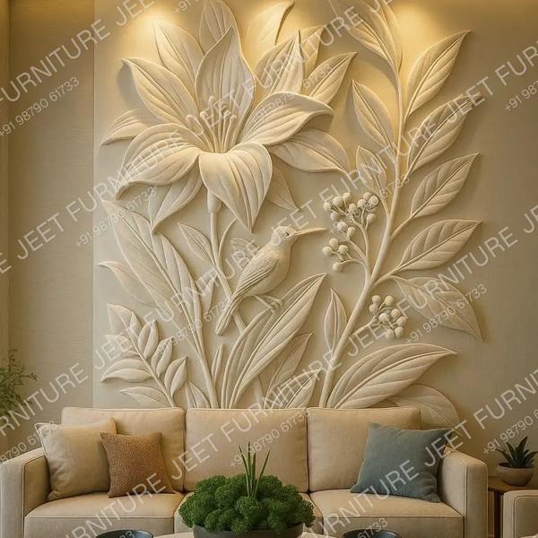 Blooming Harmony – 3D Floral & Hummingbird Relief Wall Mural