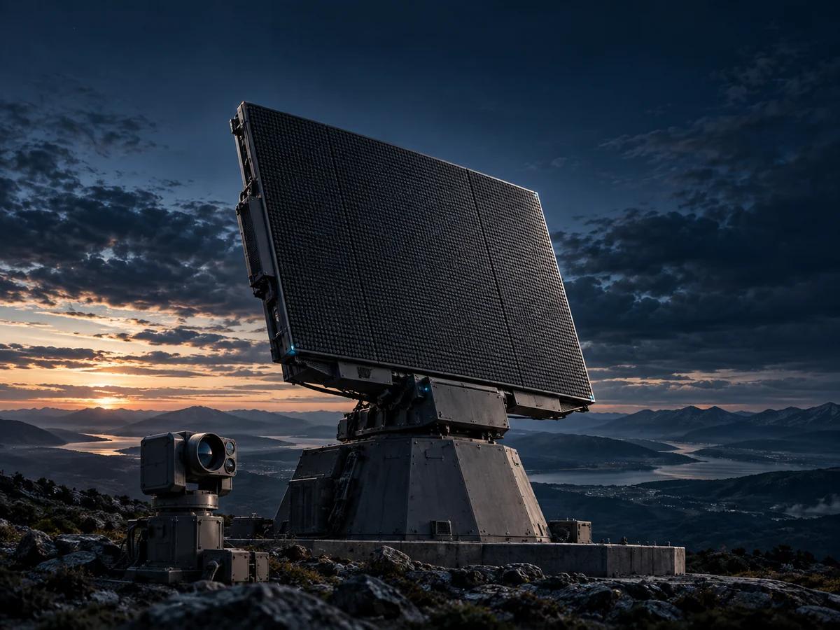 Large radar array and an optical sensor on a mountain ridge at dusk