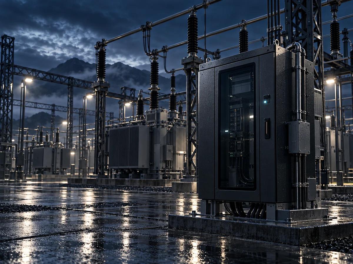 Monitoring cabinet in a rain-wet electrical substation at night