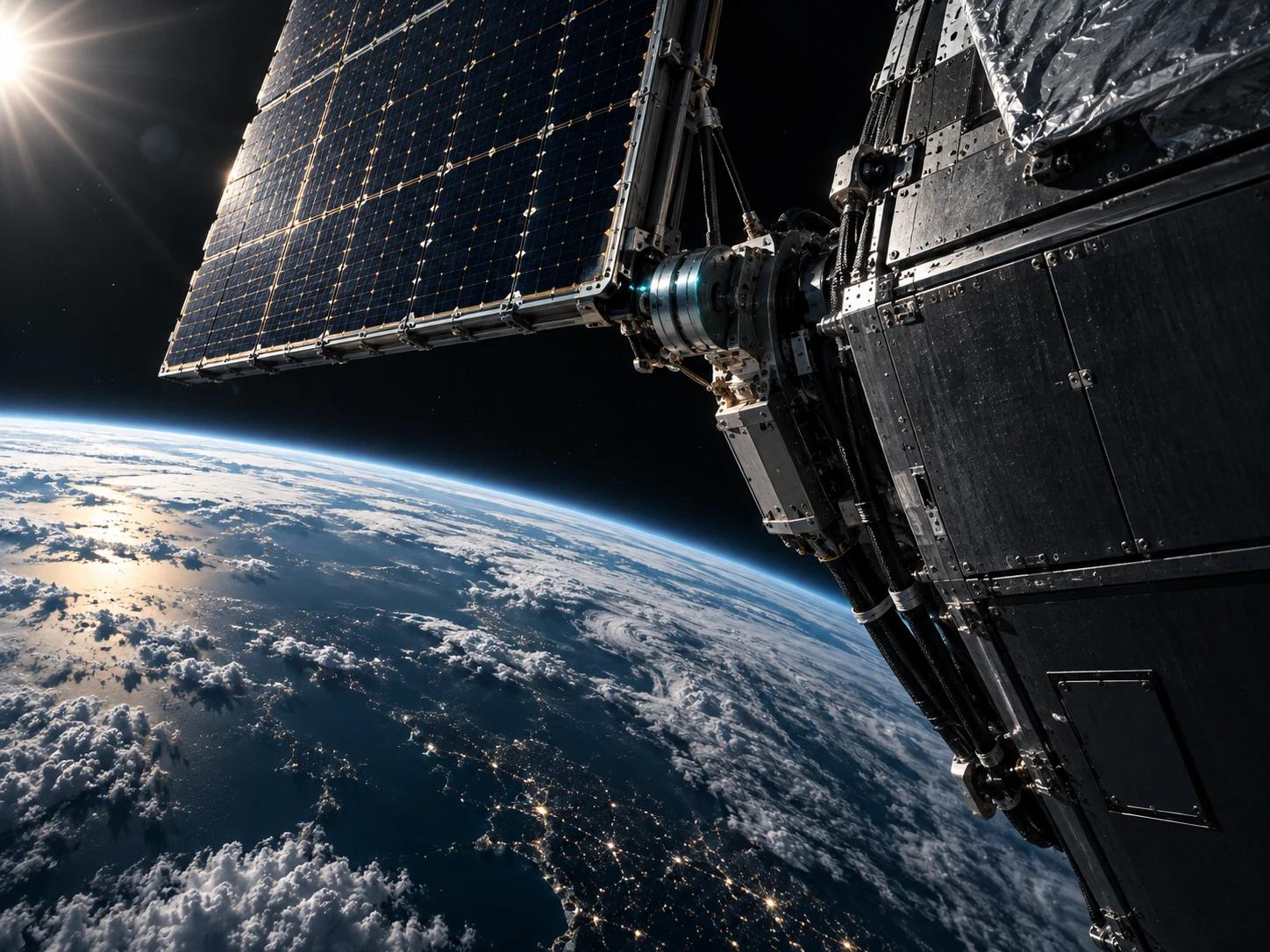 Satellite hardware and a solar panel above Earth's horizon