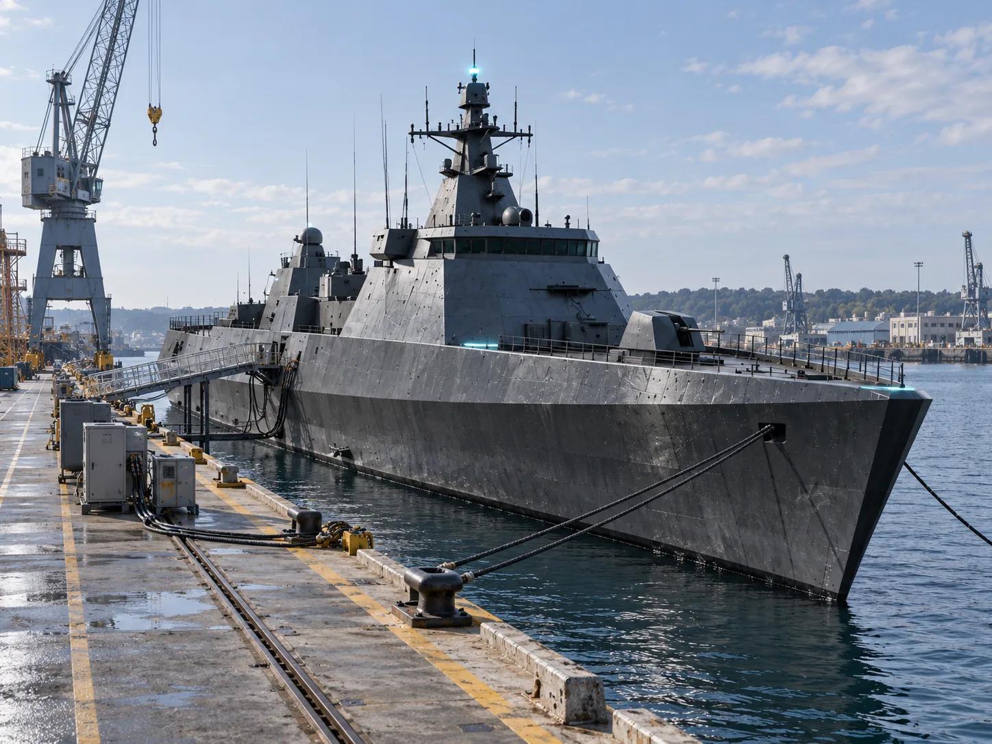 Graphite naval vessel moored beside shipyard cranes and shore equipment.